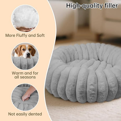 Donut Dog and Cat Bed, Luxurious Comfortable Faux Rabbit Fur Pet Beds, Soft Anti-Anxiety Calming Puppy Kitten Bed with Anti-Slip Bottom for Small Medium Dogs & Cats(23", Grey)