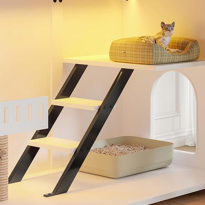 LUMISOL Indoor Cat House with LED Light, Large Cat Litter Box Enclosure with Stairs and Cat Scratching Post, Hidden Litter Box Cabinet Furniture, Side Table with Smart Doors for Living Room, White