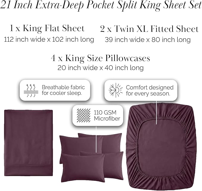 Southshore Fine Living, Inc. Deep Pocket Split King Bed Sheets Set, 7-Piece Ultra Soft and Comfy Microfiber Sheets with Two 21" Deep Fitted Sheets, Oversize Flat Sheet, 4 King Pillow Cases, Purple