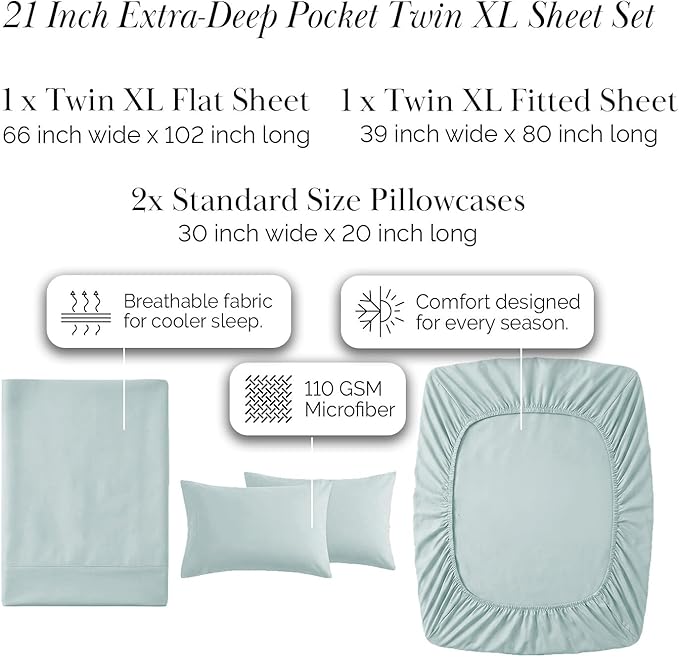 Southshore Fine Living, Inc. 4-Piece Twin XL Bed Sheets, 21-Inch Deep Pocket Sheet Set, Extra Deep Pocket Fitted Sheet, Standard Pillowcases Set of 2, Blue Pillow Cases, Sky Blue Sheets Twin XL