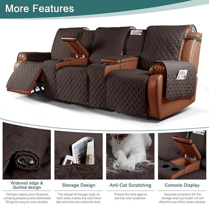 Ruaozz Waterproof Recliner Sofa Cover with Console Non-Slip Couch Covers for Reclining Couches Pet Cover for Double Recliner Sofa Cover with Elastic Straps for Kid Dogs Pets (Chocolate, 3 Seater)