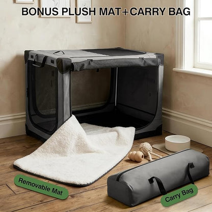 Veraste 42" L x 31" W x 31" H Collapsible Travel Dog Crate, Quick-Setup Portable Soft Dog Kennel for Large Dogs up to 90 lbs, 4-Door Foldable Travel Crate with Storage Bag, Grey