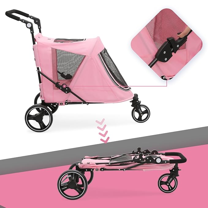 Pet Stroller for Large Dogs or Multiple Dogs Cats with Adjustable Handle, 3-Wheels Dual Entry Visible Portable Dog Carting Easy Folding Pet Wagon Double Dog Stroller up to 55 lbs, Pink