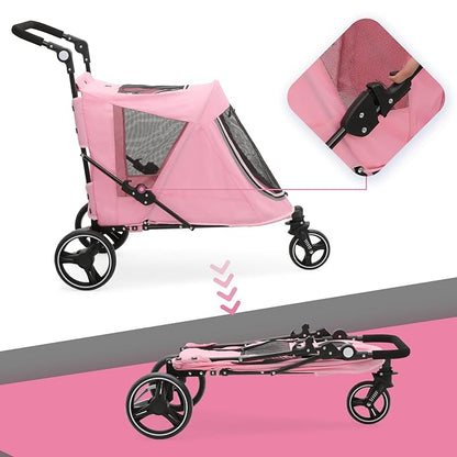 Pet Stroller for Large Dogs or Multiple Dogs Cats with Adjustable Handle, 3-Wheels Dual Entry Visible Portable Dog Carting Easy Folding Pet Wagon Double Dog Stroller up to 55 lbs, Pink