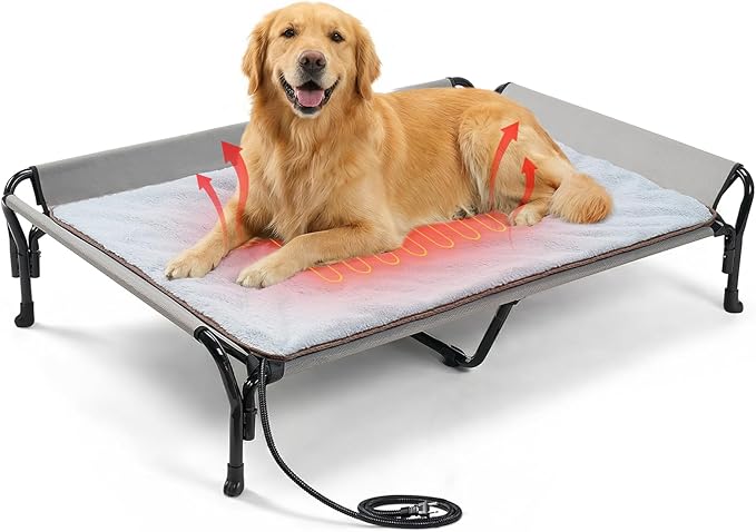 Veehoo Elevated Dog Bed with Plush Heated Mat, Raised Dog Bed with Waterproof Heating Pads for Cats & Dogs Outdoor Indoor, Heated Dog Sofa Bed with Power Line Protection Tube, 50.4" x 33.5", Grey