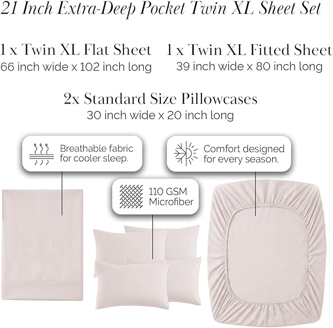 Southshore Fine Living, Inc. 4-Piece, 21 Inch Extra Deep Pocket Sheets Twin XL Set, Pet Hair Resistant Bedding, Easy Care, Soft Microfiber, Oeko-Tex, Oatmeal Colored Sheet Set Twin XL - Natural Beige