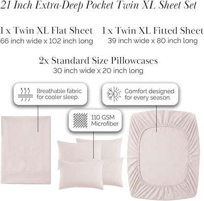 Southshore Fine Living, Inc. 4-Piece, 21 Inch Extra Deep Pocket Sheets Twin XL Set, Pet Hair Resistant Bedding, Easy Care, Soft Microfiber, Oeko-Tex, Oatmeal Colored Sheet Set Twin XL - Natural Beige