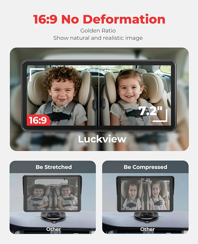 LUCKVIEW BM5PRO Double Car Camera for 2 Baby，7.2" 1080P Split Screen with IR Night Vision, Real-Time Monitoring Baby Car Camera,Easy Install, Family Travel Companion for Kids & Pets