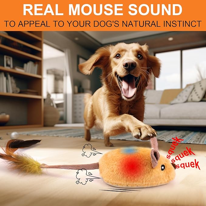 BABORUI Interactive Dog Toys Mouse, Escaping Mice Squeaky Dog Toys with Lights & Auto-Turn, Rechargeable Moving Dog Toy for Small/Medium/Large Dogs & Cats (Yellow)