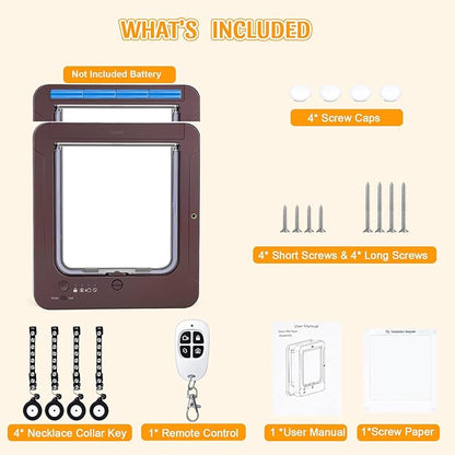 Smart Cat Door with 4 Collar Sensor Key, RFID Cat Door Collar Activated with Remote Control, 4 Way Locking Cat Flap Automatic Pet Door Interior & Exterior(Brown)