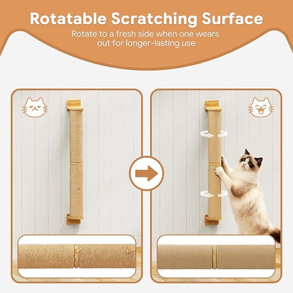 Cat Wall Scratcher Post- 24" Thicker Columns Wall Mounted Rubber Wood Sisal Scratching Post Furniture for Large Cats and Kittens