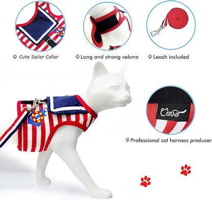 Cat Harness and Leash for Walking Escape Proof, Adjustable Cat Vest Harness, Padded Stylish Cat Walking Jackets, Sailor Suit Red, Small