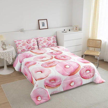 Erosebridal Cartoon Donut Bedding Sets Full Dessert Cake Down Comforter,White and Pink Quilt Set for Kids Toddler and Girls Cartoon Style Quilted Comforter Lightweight Soft Room Decorative 3 Piece