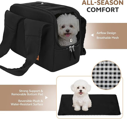 Dog Purse Carrier for Small Dogs and Cats, Soft-Sided Pet Tote Bag with 6 Large Pockets, Collapsible Travel Puppy Carrier, Fits Pets up to 16 lbs (Black, 17.5" L x 8" W x 12" H)