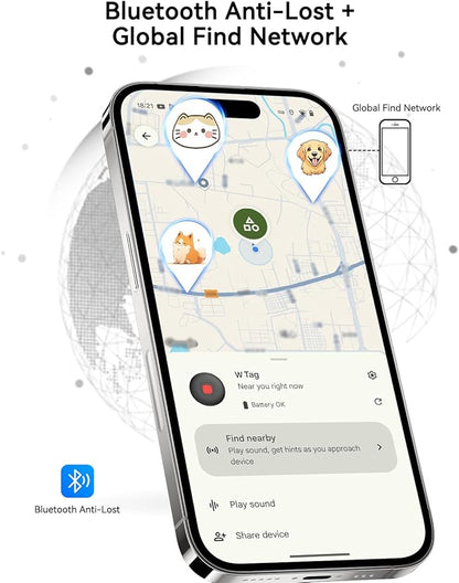 Bluetooth Dog Tracker Tag, Pet Tracker for Dogs with Silicone Collar Holder, Works with Apple Find My & Android Find Hub, IP67 Waterproof Anti-Lost Locator