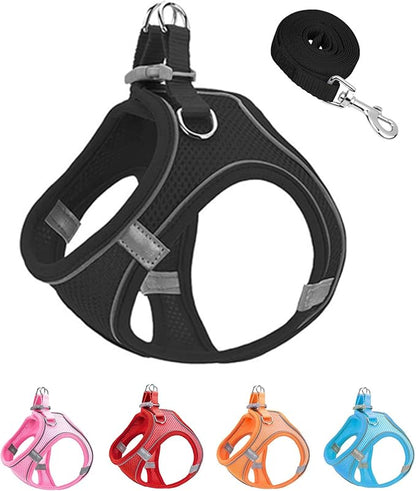 XXXS Black Soft Mesh Dog Harness and Leash Set,No Escape Puppy Harnesses for Training Walking， Reflective Adjustable Puppy Vest for Small Medium Dogs, Cats (Black, XXXS)