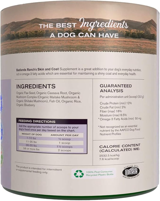 Badlands Ranch - Skin & Coat Canine Supplement w/Omega-3 Fatty Acids, Org. Ingredients, Antioxidant Topper, Nourish Coat &Paws, Joint, Support Shiny Coat & Healthy Skin by Katherine Heigl (30 Scoops)