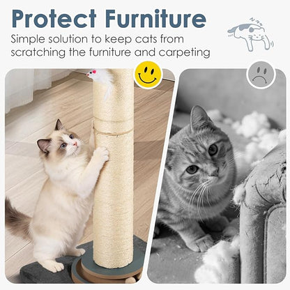 Tall Cat Scratching Post, Thick Sisal Scratcher with Heavy Sturdy Base & Interactive Toys for Indoor Cats