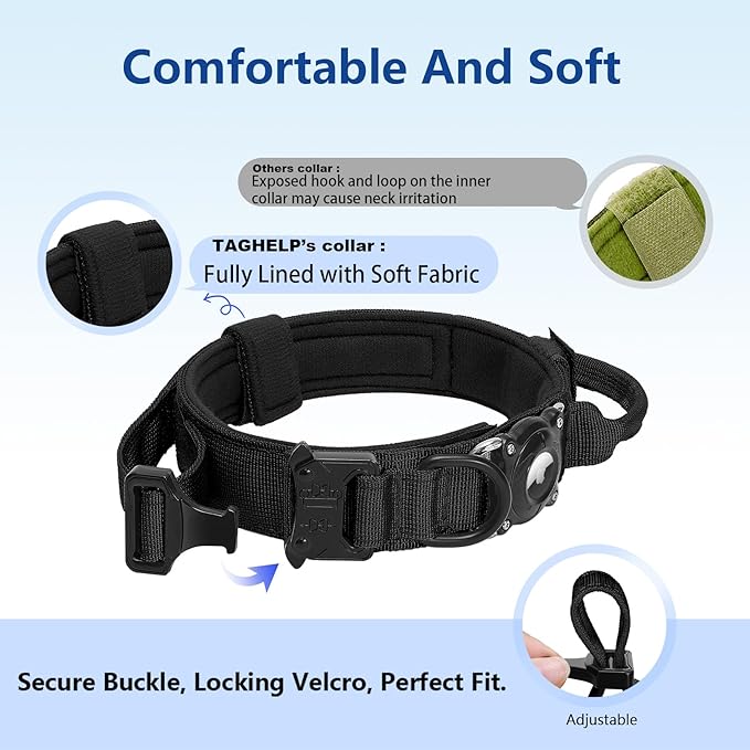 Tactical Airtag Dog Collar Waterproof - Adjustable Nylon Training Collar with Secure Airtag Holder, Control Handle & Quick-Release Buckle for Medium Large Dogs (Blue, XL)