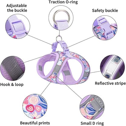 Small Dog Harness Purple Flowers No Pull Reflective Step in Vest Harness Mesh Padded Soft Harness for Small Medium Dogs Cats