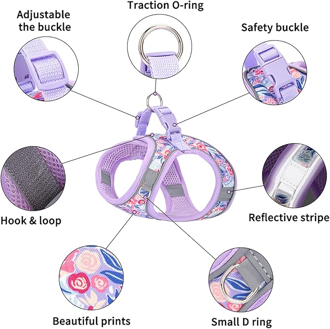 Small Dog Harness Purple Flowers No Pull Reflective Step in Vest Harness Mesh Padded Soft Harness for Small Medium Dogs Cats