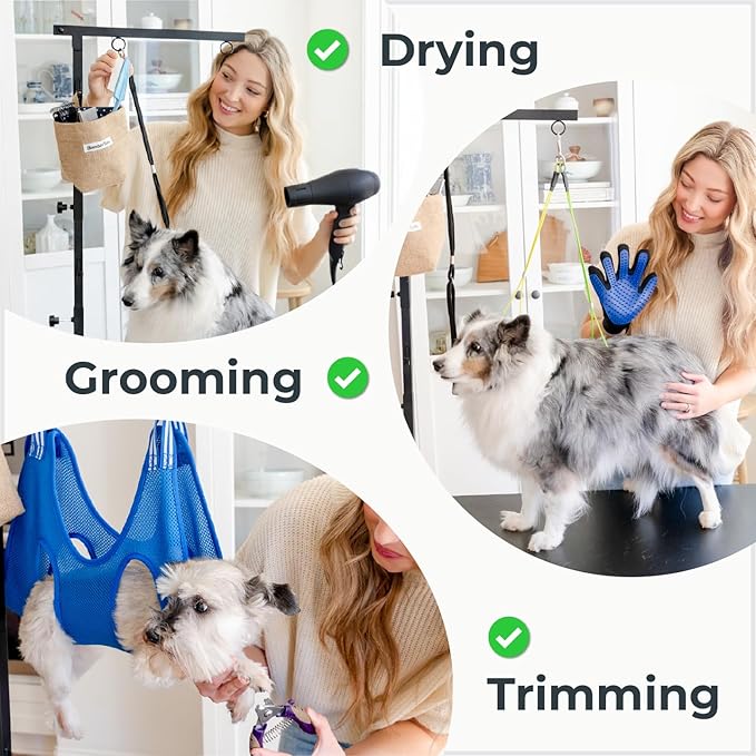 Adjustable Dog Grooming Arm with Clamp, Small Dog Sling for Nail Trimming Hammock, No-Sit Haunch Holder Leash Loops, De-Shedding Glove, Tool Hanging Hooks, Table Clamps - Full Pet Grooming Kit