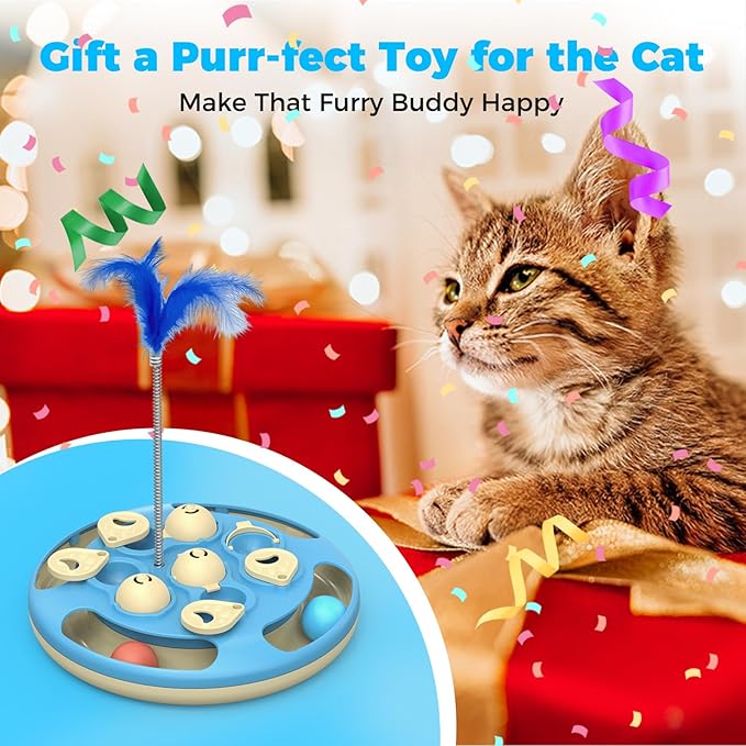 Cat Puzzle Toys Games Level 3 in 1 with Track Balls, Feather Teaser & Treat Feeder | Non-Slip Base | Mental Stimulation Enrichment for Indoor Cat, Dogs| Kitty Gift, Blue