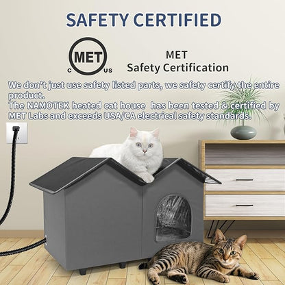 NAMOTEK Large Heated Cat Houses for Indoor/Outdoor Cats with Elevated Heated Cat Bed Waterproof， Insulated Providing Safe Feral Cats, Easy to Assemble Large (23" x 13" x 18")