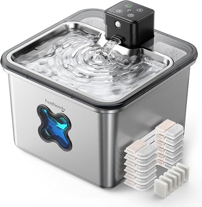 Cat Water Fountain Wireless + 6 Filters: [Visual Filter] & [Heavy-Duty Stainless Steel] FEELNEEDY- Premium, 3.2L/108oz, 4000mAh Battery Operated Pet Fountain with Sensor, for Cats and Dogs