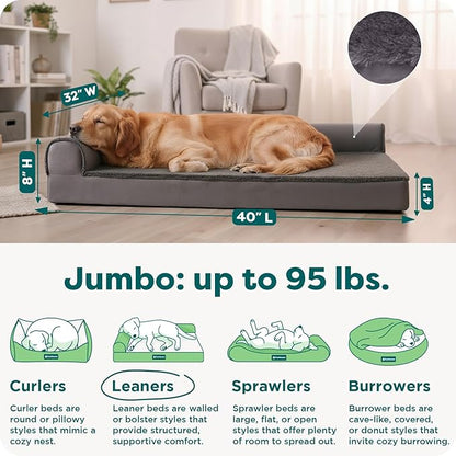 Furhaven Cooling Gel Dog Bed for Large Dogs w/ Removable Bolsters & Washable Cover, For Dogs Up to 95 lbs - Plush & Velvet L Shaped Chaise - Platinum Gray, Jumbo/XL