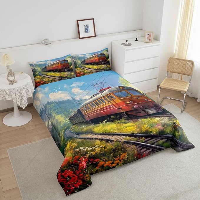 Erosebridal Watercolor Train King Comforter Steam Engine Comforter Set Oil Painting Bedding Set Rainbow Botanical Floral Duvet Set Hand Drawn Car Theme Room Décor for Kids Toddler Boys