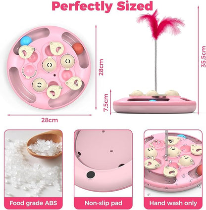 Cat Puzzle Toys Games Level 3 in 1 with Track Balls, Feather Teaser & Treat Feeder | Non-Slip Base | Mental Stimulation Enrichment for Indoor Cat, Dogs | Kitty Gift, Pink