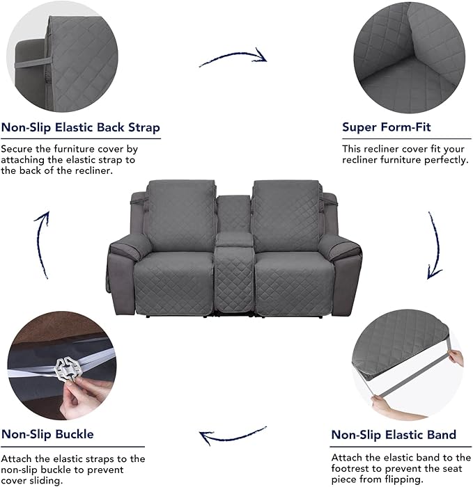 PureFit Water Resistant Reversible Loveseat Recliner Couch Cover for Double with Console – Non Slip Split Sofa Cover, Washable Reclining Cover for 2 Seat Recliner (2 Seat, Gray/Light Gray)
