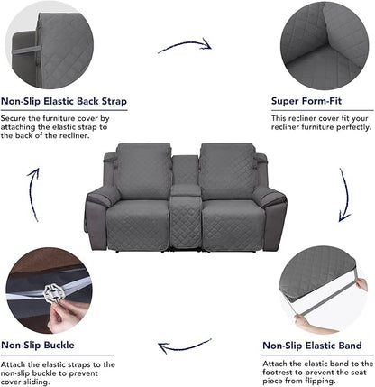 PureFit Water Resistant Reversible Loveseat Recliner Couch Cover for Double with Console – Non Slip Split Sofa Cover, Washable Reclining Cover for 2 Seat Recliner (2 Seat, Gray/Light Gray)