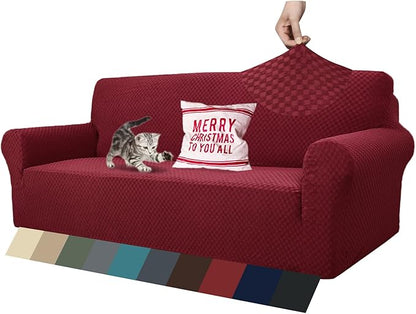 ZNSAYOTX 1 Piece Jacquard Couch Covers for 3 Cushion Couch Living Room High Stretch Sofa Cover Pets Dogs Friendly Anti Slip Thickened Slipcovers Furniture Protector (Sofa, Wine Red)