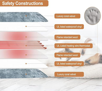 Pet Heating Pad for Dog Cat Temperature Adjustable Dog Cat Bed Warmer Pad with Timer Auto Off Heavy Duty Chew Resistant Cord Waterproof Warming Blanket Mat for Puppy Kitten (Grey, 18X28``)