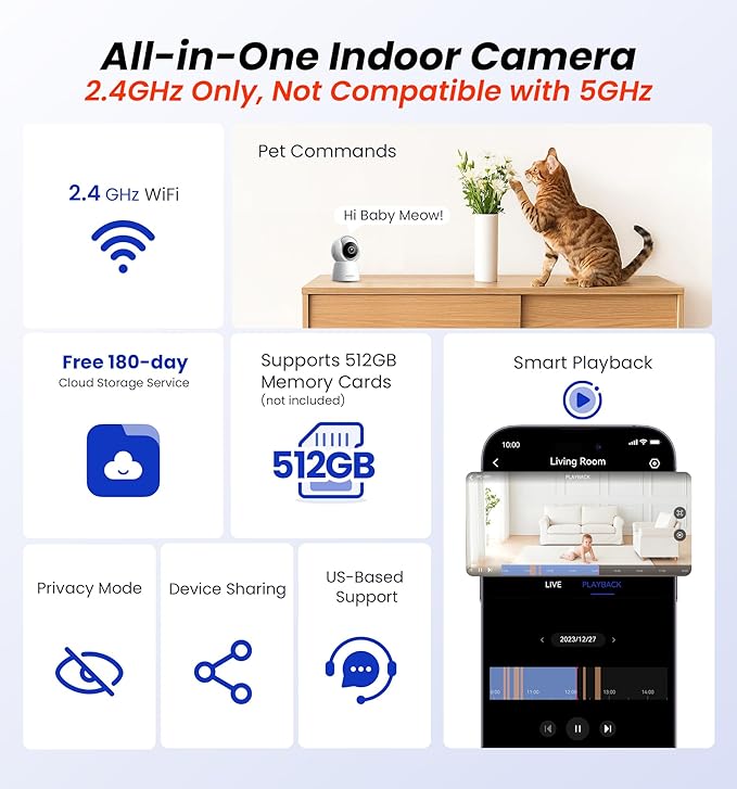 Veise 2K Indoor Security Camera 2.4GHz, 360° Pan/Tilt Pet Camera with Motion Tracking, Baby Monitor, 2-Way Audio, Night Vision, Cloud/SD Storage, Compatible with Voice Assistant, White