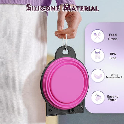 Pawaboo 2-in-1 Collapsible Dog Bowls, Dual Puppy Food and Water Bowls, 180° Flip Over Portable Silicone Dog Bowl with Metal Hook, 450ml Pet Travel Feeder Bowl for Walking Hiking Camping, Pink