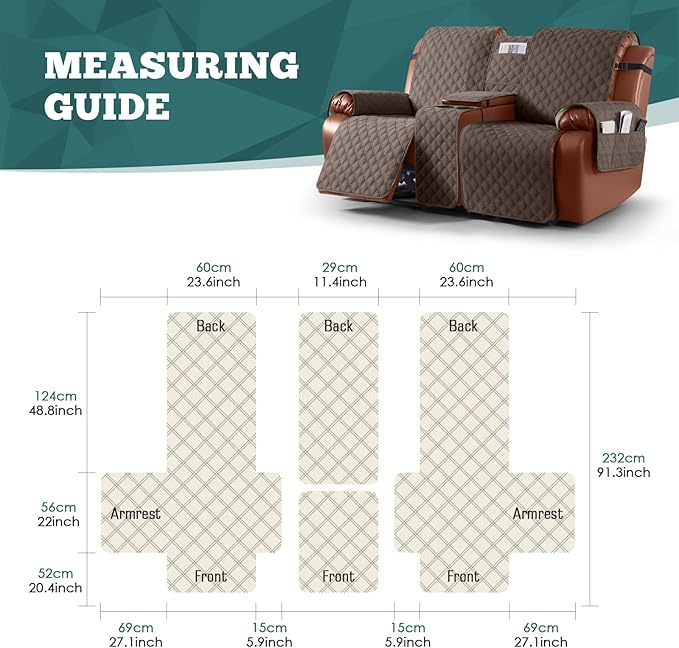 Ruaozz Waterproof Loveseat Recliner Cover with Console Non-Slip Reclining Couch Covers Split Sofa Slipcovers with Elastic Straps Furniture Protector for Kids, Dogs, Pets(Brown, 2 Seater)
