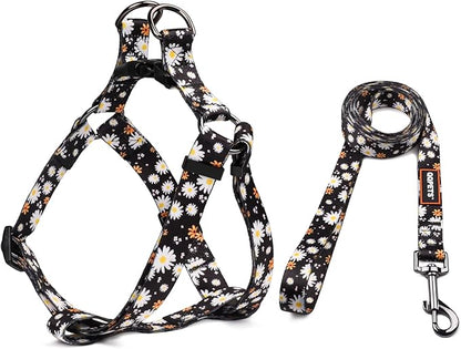 QQPETS Dog Harness Leash Set Adjustable Heavy Duty No Pull Halter Harnesses for Small Medium Large Breed Dogs Back Clip Anti-Twist Perfect for Walking (M(19"-26" Chest Girth), White Daisy)