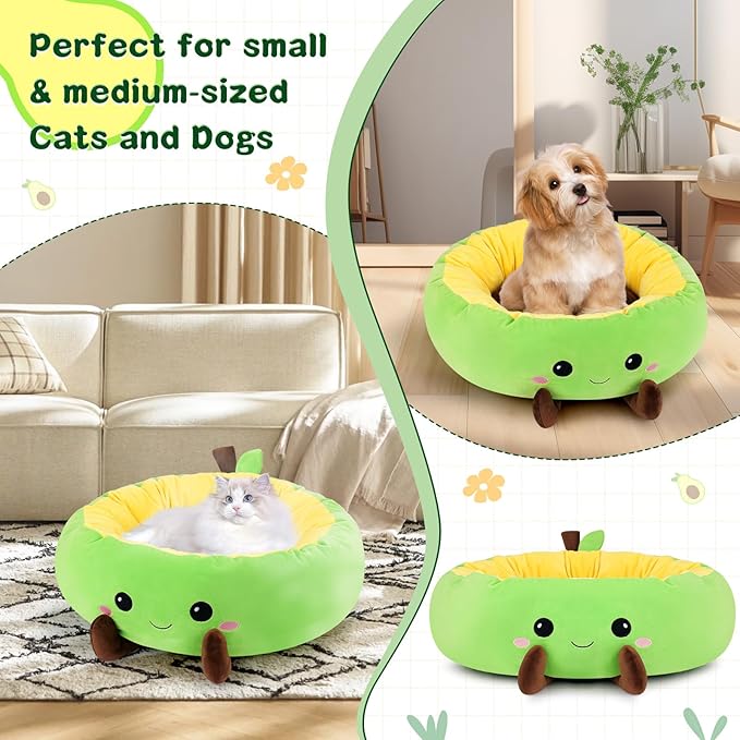 Avocado Heated Cat Bed - Cute Round Dog Bed for Winter, Warming Pet Bed for Indoor Cats & Small Dogs, Washable Calming Nest with Heating Pad & Timer, Green Pet Heating Pad for Cats and Dogs