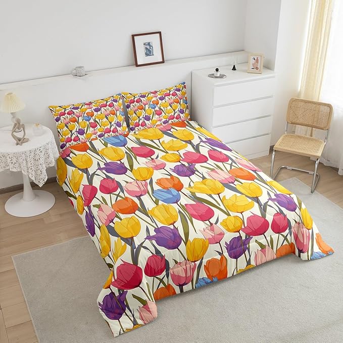 Erosebridal Rainbow Flower Bedding Sets Twin Colorful Floral Comforter Chic Girly Tulip Duvet Insert Botanical Leaf Bedding Bedding Set Girls Women Lady Duvet Insert Home Décor Microfiber