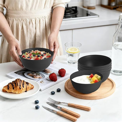 Wheat Straw Bowls Set of 6, Unbreakable Lightweight 26 OZ Cereal Bowls for Kitchen, Reusable Salad Bowl, Microwave & Dishwasher Safe Bowl Set, Black