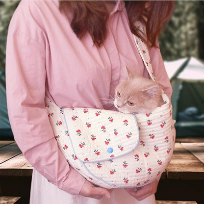 Floral Pet Carrier Sling, Breathable Cotton Dog Purse Carrier, Hand-Free Travel Puppy Purse for Small Dog 10-25 lbs, Cat Sling Chest, Per Mom Dad Gifts(White, Large)