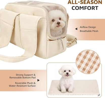 Dog Purse Carrier for Small Dogs and Cats, Soft-Sided Pet Tote Bag with 6 Large Pockets, Collapsible Travel Puppy Carrier, Fits Pets up to 13 lbs (Beige, 15.7" L x 8" W x 11.8" H)