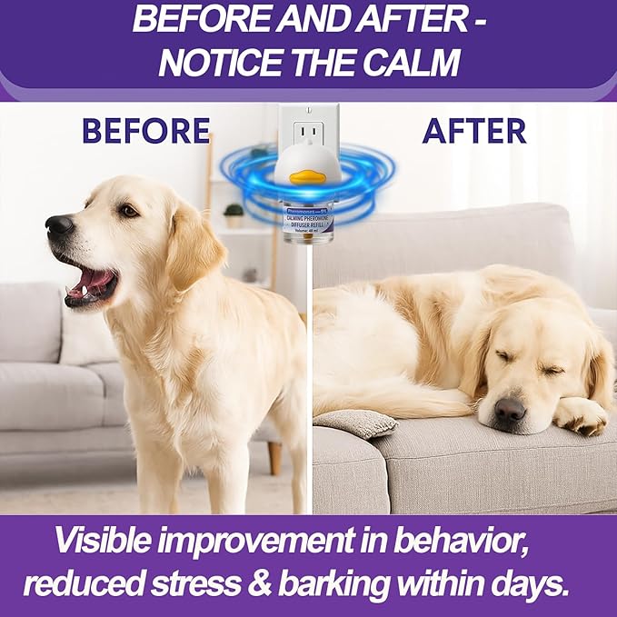 Dog Calming Pheromones Diffuser & 6 in 1 Kit Appeasing Dog Pheromone Diffuser to Calm (2 Plug in+4 x48ml Refill) Dog Calming Diffuser Anxiety Reduce Aggression Fighting Barking Stress 120 Day Supply