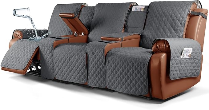 Ruaozz Waterproof Recliner Sofa Cover with Console Non-Slip Couch Covers for Reclining Couches Pet Cover for Double Recliner Sofa Cover with Elastic Straps for Kid Dogs Pets (Dark Grey, 3 Seater)