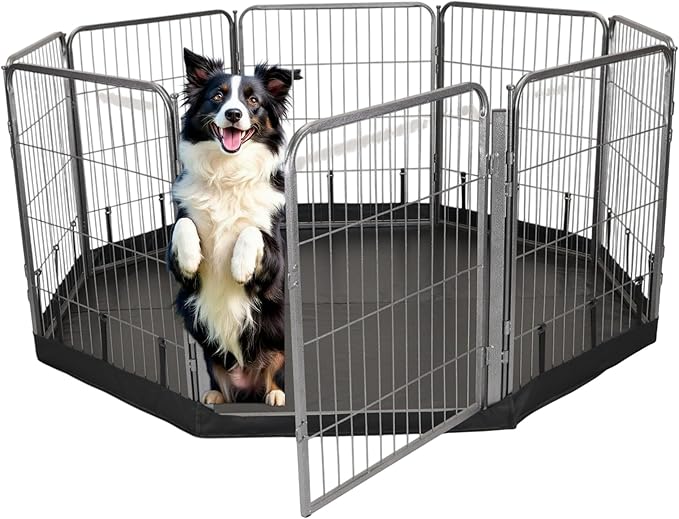 Dog Playpen w/Octagon Bottom Floor Cover - 32 inch, 8 Panel Portable Grey Metal Pet Play Pen for Small & Medium Dogs - Indoor/Outdoor Kennel Cage for Home, Yard, RV, or Camping