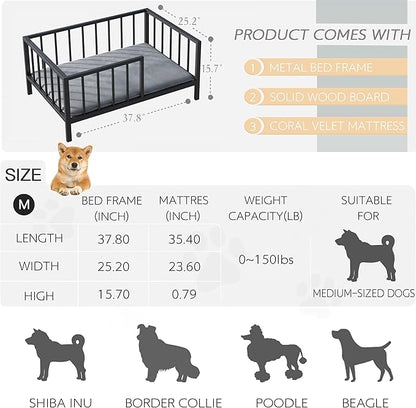OSCHF Dog Bed with Rails - Elevated Pet Metal Bed Frame with Solid Wood Board and Washable Soft Mat for Medium Dog Indoor or Outdoor Use, 25.2" x 37.8", Black