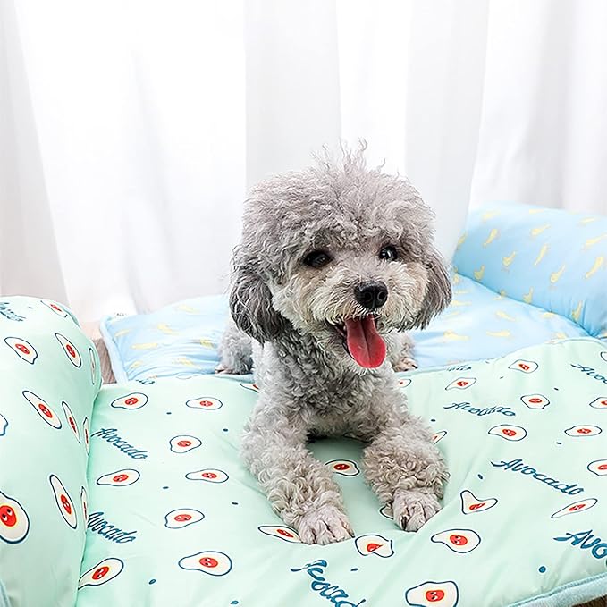 PUMYPOREITY Cooling Dog Bed, Pet Cooling Mat with Pillow, Ice Silk Cooling Dog Blanket, Self Cooling Pad for Cat,Dog, Washable Summer Pet Mat for Kennel, Crates, Sofa, Floor, Green, L